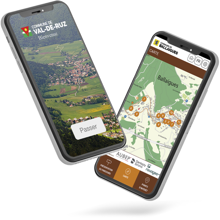 Zwei Smartphones mit der CubeTrail - geotracking App, die einen Parcour einer Stadt zeigen.